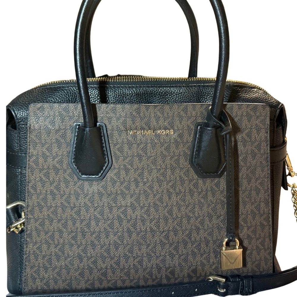 Michael Kors Black and Brown Satchel with Gold Accents